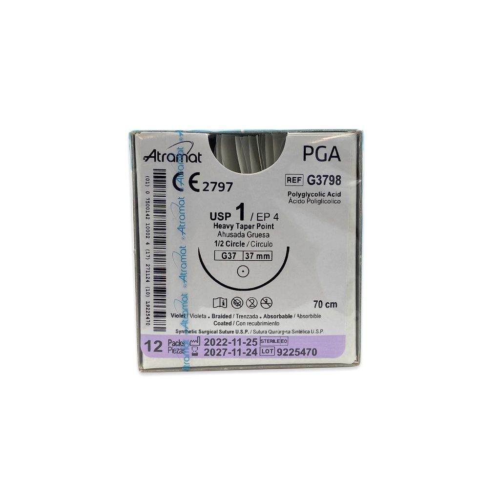 SUTURA ACIDO POLIGLICOLICO 1 37,36 MM 70 CM 1/2 AHUSADA GRUESA REDONDA C/12 G3798 ATRAMAT PGA