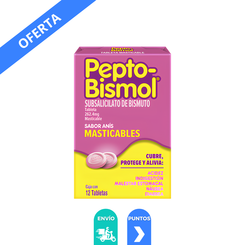 [4866] PEPTO-BISMOL 262.4 MG C/12 TAB MASTICABLES SUBSALICILATO DE BISMUTO SABOR ANIS LAB P&G