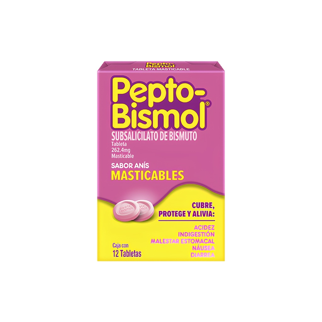 PEPTO-BISMOL 262.4 MG C/12 TAB MASTICABLES SUBSALICILATO DE BISMUTO SABOR ANIS LAB P&G
