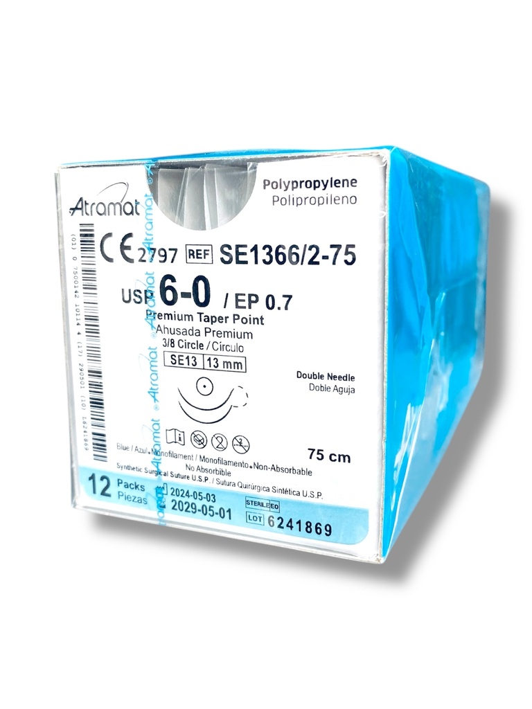[830] SUTURA POLIPROPILENO 6/0 13 MM 75 CM 3/8 AHUSADA PREMIUM REDONDA DOBLE ARMADA C/12 SE1366/2-75 ATRAMAT