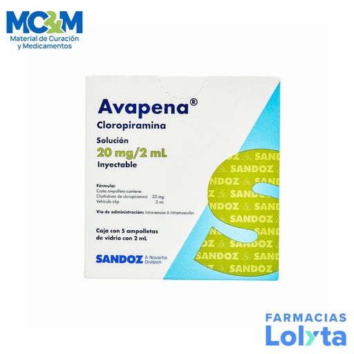 [111] AVAPENA SOL INY 20 MG/2 ML C/5 AMP DE 2 ML CLOROPIRAMINA LAB SANDOZ
