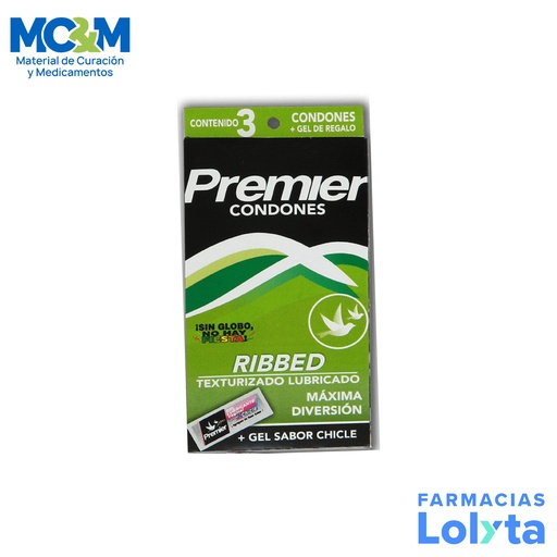 [665] PRESERVATIVO PREMIER RIBBED VERDE C/3 PIEZAS LAB PREMIER