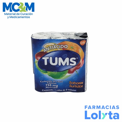 [1042] TUMS ANTIACIDO 750 MG C/24 TAB MASTICABLES SABORES SURTIDOS CARBONATO DE CALCIO LAB GSK
