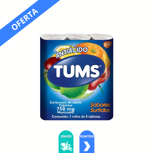 [1042] TUMS ANTIACIDO 750 MG C/24 TAB MASTICABLES SABORES SURTIDOS CARBONATO DE CALCIO LAB HALEON