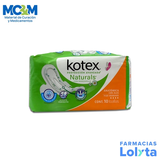 [1057] KOTEX PROT. AV. NATURALS CON MANZANILLA ANATOMICA CON ALAS FLUJO ABUNDANTE C/10 TOALLAS (VERDE) KIMBERLY-CLARK