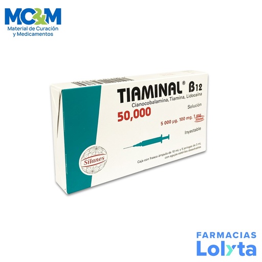 [1597] TIAMINAL B12 50 000 SOL INY 5000 MCG/100/1 MG FCO C/10ML Y 5 JERINGAS 3 ML IM CIANOCOBALAMINA TIAMINA LIDOCAINA LAB SILANES