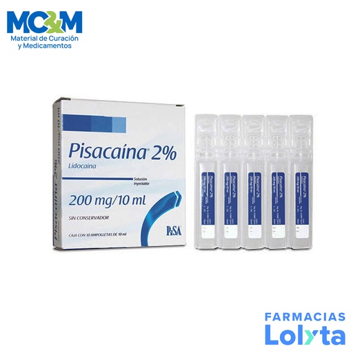 [1599] LIDOCAINA SOL INY 200 MG/10 ML C/10 AMP PISACAINA 2% LAB PISA