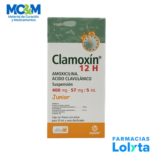 [1767] AMOXICILINA ACIDO CLAVULANICO SUSPENSION 400/57 MG/5 ML C/50 ML CLAMOXIN 12 H JUNIOR LAB MAVER