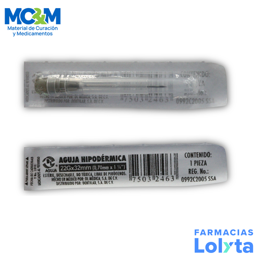 [1936] AGUJA HIPODERMICA 22 G X 32 MM C/1 PZA NEGRA DENTILAB