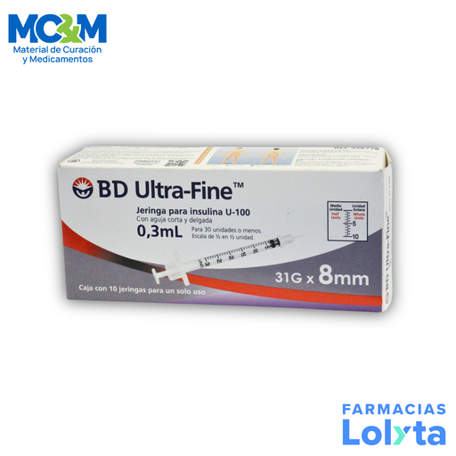 [2220] JERINGA 0.3 ML 31GX8MM CAJA C/10 PZA PARA INSULINA ULTRA FINE BD