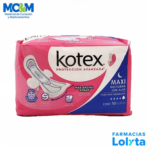 [2258] KOTEX MAXI NOCTURNA EXTRA LARGA CON ALAS FLUJO MAXI ABUNDANTE C/10 TOALLAS KIMBERLY CLARK