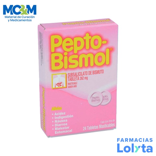 [2374] PEPTO-BISMOL 262.4 MG C/24 TAB MASTICABLE SUBSALICILATO DE BISMUTO SABOR ANIS LAB P&G