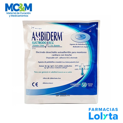 [2848] ELECTRODO DE MONITORIZACION CARDIACA 55 MM C/50 PZAS REDONDO DE ESPUMA ADULTO T-715 AMBIDERM