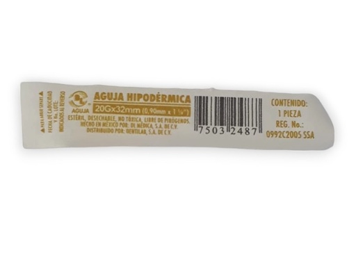 [2863] AGUJA HIPODERMICA 20G X 32 MM C/1 PIEZA AMARILLA DENTILAB