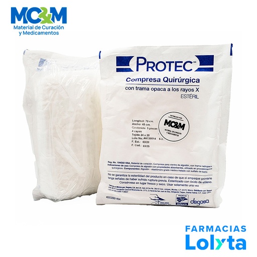 [3386] COMPRESA QUIRURGICA ESTERIL HR 70 X 45 CM TEJIDO 24X20 C/5 PZAS PROTEC DEGASA 0131000