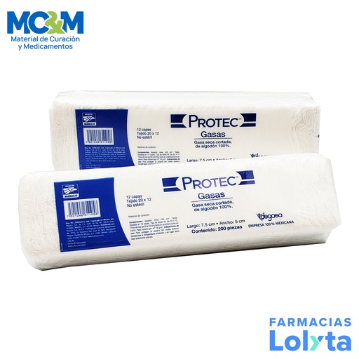 [3392] GASA SIN MEDIO 7.5 X 5 CM C/200 PZAS TEJIDO 20X12 NO ESTERIL PROTEC DEGASA 0104000