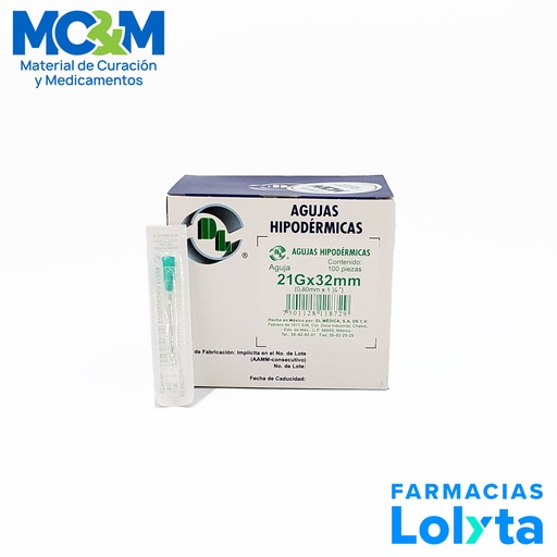 [3507] AGUJA HIPODERMICA 21G X 32 MM C/100 VERDE DENTILAB