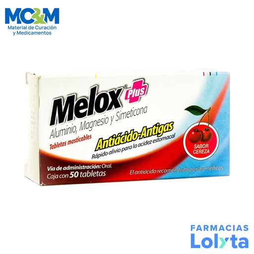 [2906] MELOX PLUS 200/200/25 MG C/50 TAB MASTICABLES SABOR CEREZA ALUMINIO MAGNESIO SIMETICONA
