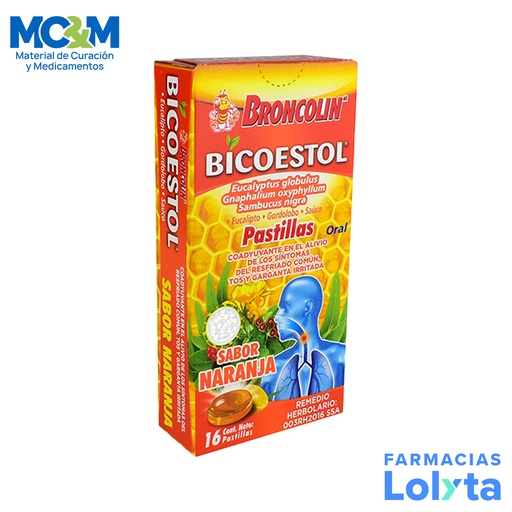 [2959] BICOESTOL SABOR NARANJA 0.0178/0.0145/0.0105 ML C/16 PASTILLAS EUCALIPTO GORDOLOBO SAUCO LAB BRONCOLIN