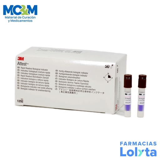 [2743] ATTEST AGENTE DE DIAGNOSTICO TESTIGO BIOLOGICO DE LECTURA RAPIDA P/ESTERILIZACION CON VAPOR C/50 PZ REF 1292 3M