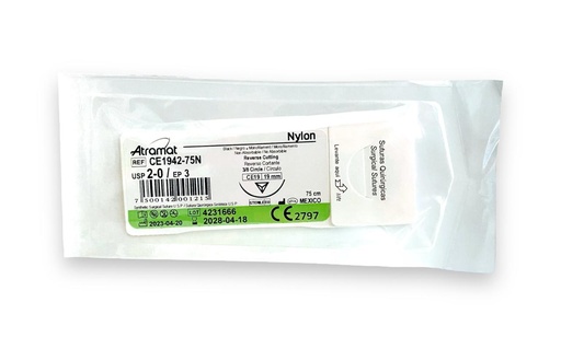 [3238] SUTURA NYLON 2/0 19 MM 75 CM 3/8 REVERSO CORTANTE PIEZA CE1942-75N ATRAMAT