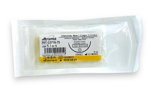 [3241] SUTURA CATGUT CROMICO 1 37 MM 75 CM 1/2 AHUSADA GRUESA REDONDA PIEZA G3718-75 ATRAMAT