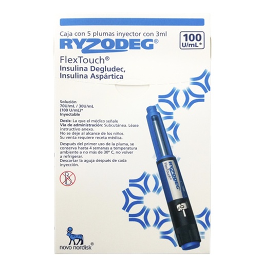 [3308] RYZODEG SOL INY 100 U/ML (70/30 U/ML) C/5 PLUMA PRECARGADA 3 ML INSULINA DEGLUDEC INSULINA ASPARTICA LAB NOVO NORDISK (RF)