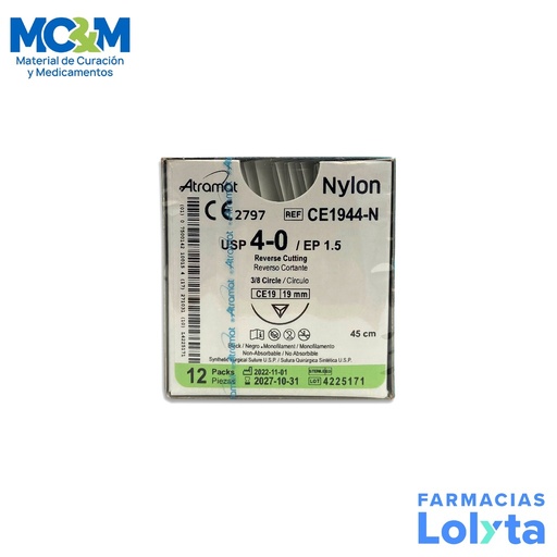 [3330] SUTURA NYLON 4/0 19 MM 45 CM 3/8 REVERSO CORTANTE PIEZA CE1944-N ATRAMAT
