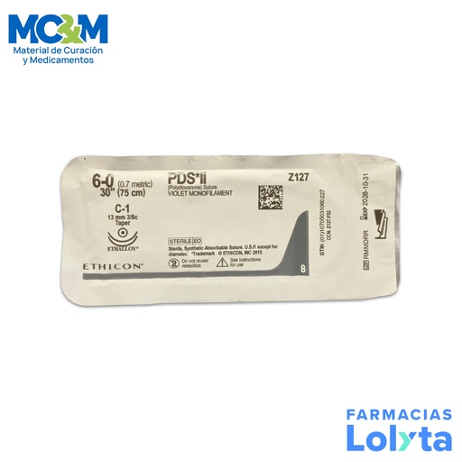 [3858] SUTURA PDS*II 6/0 13 MM 75 CM C-1 AHUSADA REDONDA DOBLE ARMADA POLIDIOXANONA C/12 Z127 ETHICON