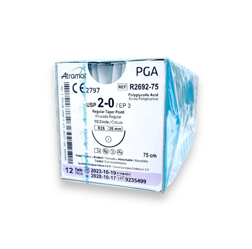 [3363] SUTURA ACIDO POLIGLICOLICO 2/0 26 MM 75 CM 1/2 AHUSADA REGULAR REDONDA PIEZA R2692-75 ATRAMAT PGA