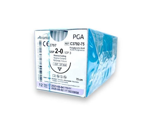 [3364] SUTURA ACIDO POLIGLICOLICO 2/0 37 MM 75 CM 1/2 REVERSO CORTANTE PIEZA C3792-75 ATRAMAT PGA