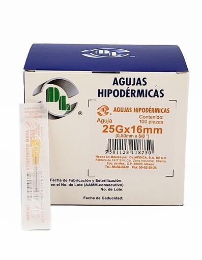 [3512] AGUJA HIPODERMICA 25G X 16 MM C/100 NARANJA DENTILAB