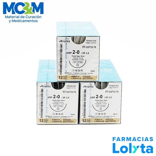 [3446] SUTURA CATGUT CROMICO 2/0 37 MM 75 CM 1/2 AHUSADA GRUESA REDONDA PIEZA G3712-75 ATRAMAT
