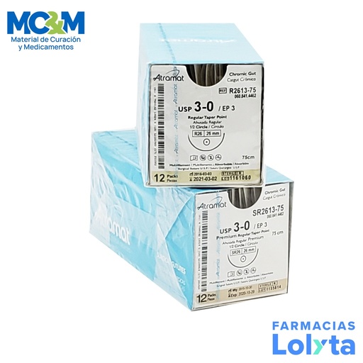 [3447] SUTURA CATGUT CROMICO 3/0 26 MM 75 CM 1/2 AHUSADA REGULAR REDONDA PIEZA R2613-75 ATRAMAT