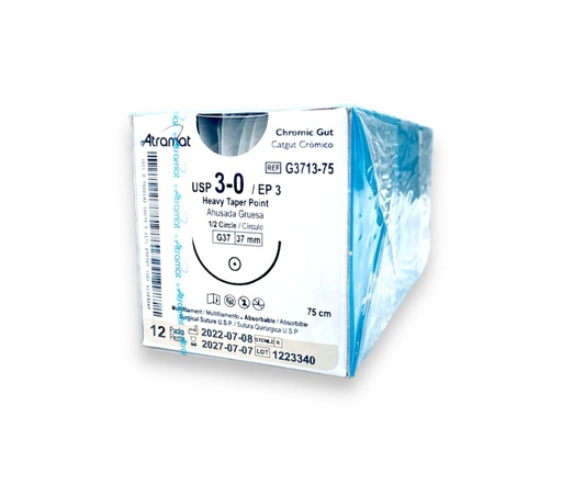 [3454] SUTURA CATGUT CROMICO 3/0 37 MM 75 CM 1/2 AHUSADA GRUESA REDONDA PIEZA G3713-75 ATRAMAT