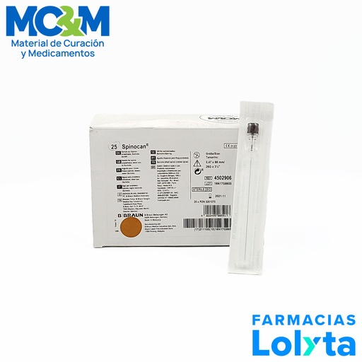[3138] AGUJA ESPINAL SPINOCAN 26 G X 88 MM PARA ANESTESIA INTRADURAL BISEL TIPO QUINCKE REF 4502906 B. BRAUN