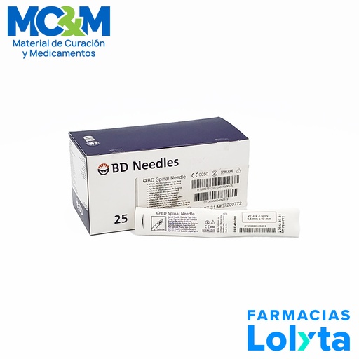 [3023] AGUJA ESPINAL 27 G X 90 MM PARA ANESTESIA INTRADURAL BISEL TIPO QUINCKE REF 405081 BD