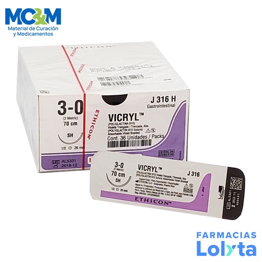 [3564] SUTURA VICRYL 3/0 26 MM 70 CM SH AHUSADA REDONDA POLIGLACTINA 910 PIEZA J316H ETHICON GASTROINTESTINAL