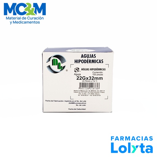 [3509] AGUJA HIPODERMICA 22G X 32 MM C/100 NEGRA DENTILAB