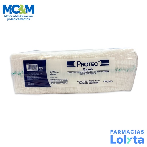 [425] GASA CON MEDIO HR 10 X 10 CM C/200 PZAS TEJIDO 20X12 NO ESTERIL PROTEC DEGASA 0107000