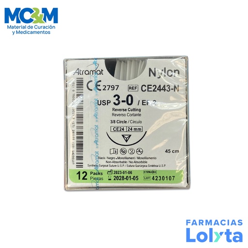 [3729] SUTURA NYLON 3/0 24 MM 45 CM 3/8 REVERSO CORTANTE PIEZA CE2443-N ATRAMAT