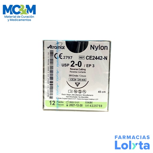 [3733] SUTURA NYLON 2/0 24 MM 45 CM 3/8 REVERSO CORTANTE PIEZA CE2442-N ATRAMAT
