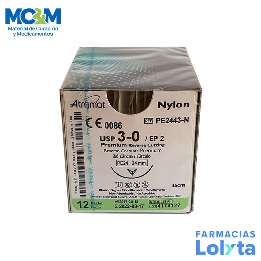 [3735] SUTURA NYLON 3/0 24 MM 45 CM 3/8 REVERSO CORTANTE PREMIUM PIEZA PE2443-N ATRAMAT