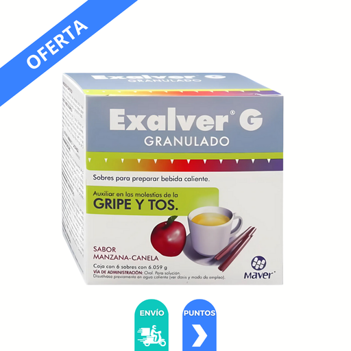 [3952] PARACETAMOL DEXTROMETORFANO FENILEFRINA CLORFENAMINA 650/20/10/4 MG C/6 SOBRES GRANULADO SABOR MANZANA CANELA EXALVER-G LAB MAVER