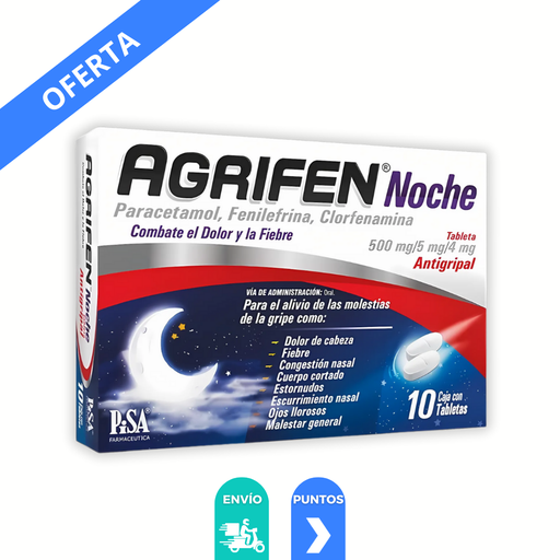 [2411] PARACETAMOL FENILEFRINA CLORFENAMINA 500/5/4 MG C/10 TAB AGRIFEN NOCHE LAB PISA