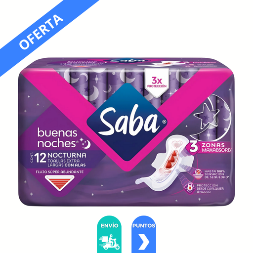 [3416] SABA NOCTURNA EXTRA LARGA CON ALAS FLUJO SUPER ABUNDANTE C/12 TOALLAS ESSITY