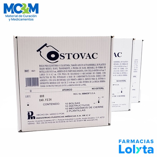 [3758] BOLSA PARA ILEOSTOMIA O COLOSTOMIA ADULTO C/10 PIEZAS OSTOVAC REF 4021 IPM