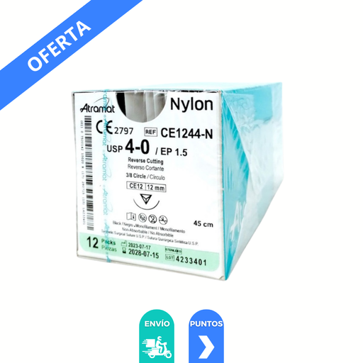 [4440] SUTURA NYLON 4/0 12 MM 45 CM 3/8 REVERSO CORTANTE PIEZA CE1244-N ATRAMAT