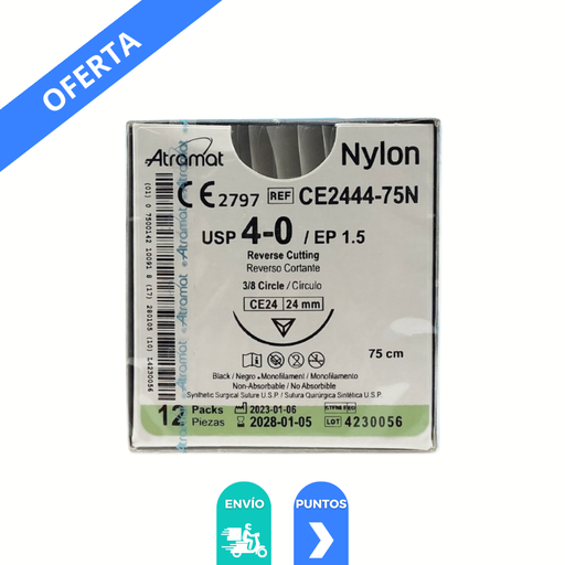 [4441] SUTURA NYLON 4/0 24 MM 75 CM 3/8 REVERSO CORTANTE PIEZA CE2444-75N ATRAMAT