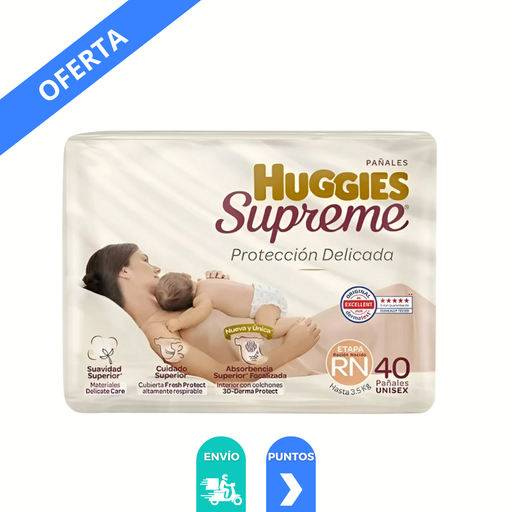 [4450] PAÑAL HUGGIES SUPREME ETAPA RN HASTA 3.5 KG C/40 PZAS UNISEX KIMBERLY CLARK